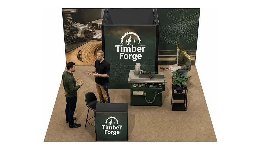 Stoisko 5 × 5 m półwyspowe dla branży maszyny do obróbki drewna, przykładowa marka Timber Forge
