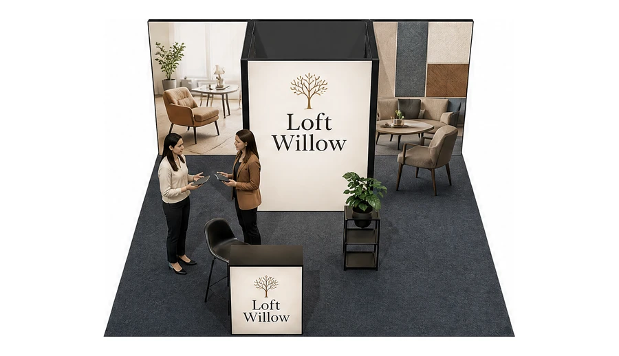 Stoisko 5 × 5 m półwyspowe dla branży meble designerskie, przykładowa marka Loft Willow