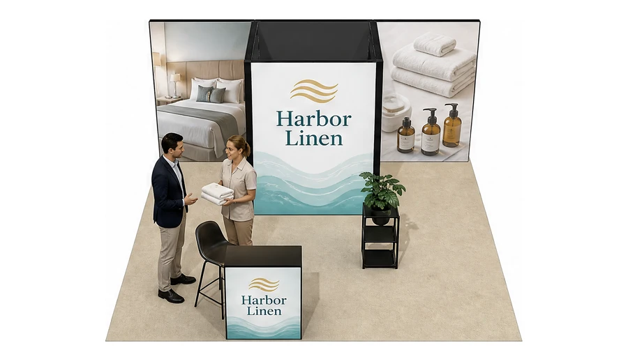 Stoisko 5 × 5 m półwyspowe dla branży wyposażenie hoteli, przykładowa marka Harbor Linen