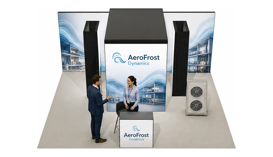 Stoisko 6 × 5 m półwyspowe dla branży wentylacja i klimatyzacja, przykładowa marka AeroFrost Dynamics
