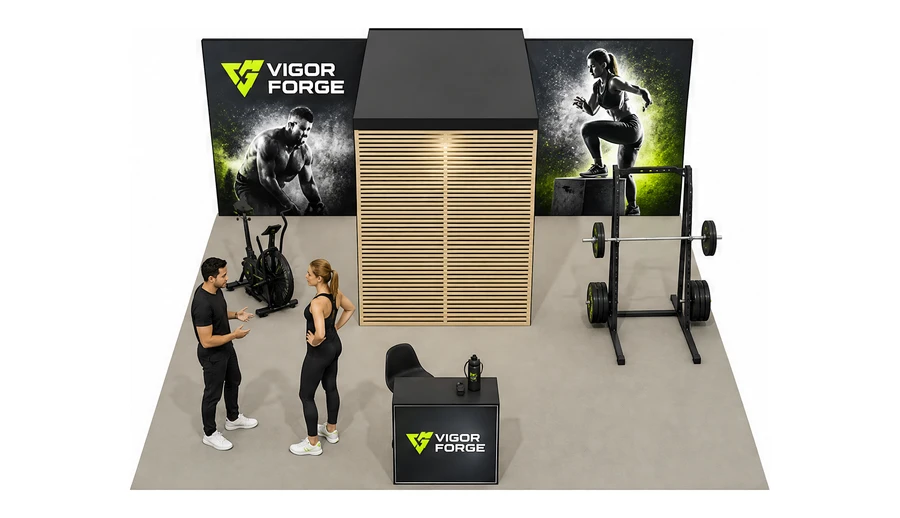 Stoisko 6 × 6 m półwyspowe dla branży fitness i siłownie, przykładowa marka Vigor Forge