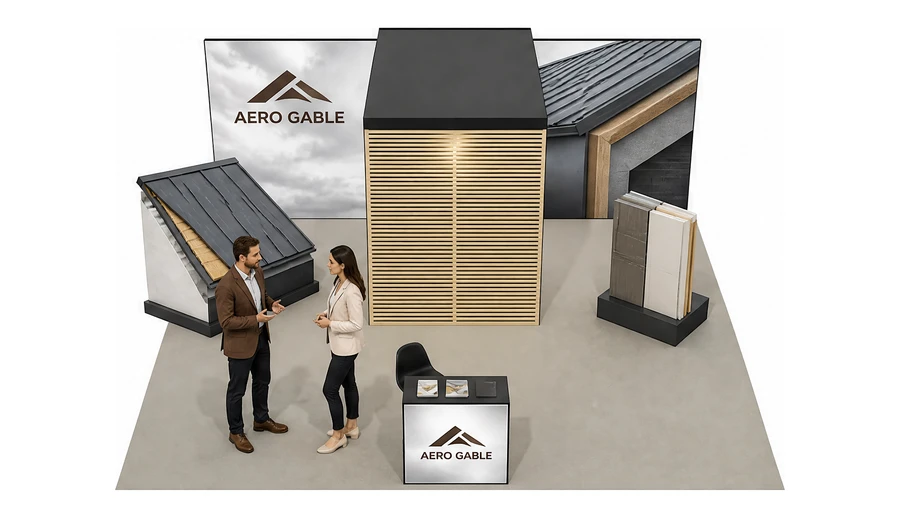 Stoisko 6 × 6 m półwyspowe dla branży dachy i elewacje, przykładowa marka Aero Gable