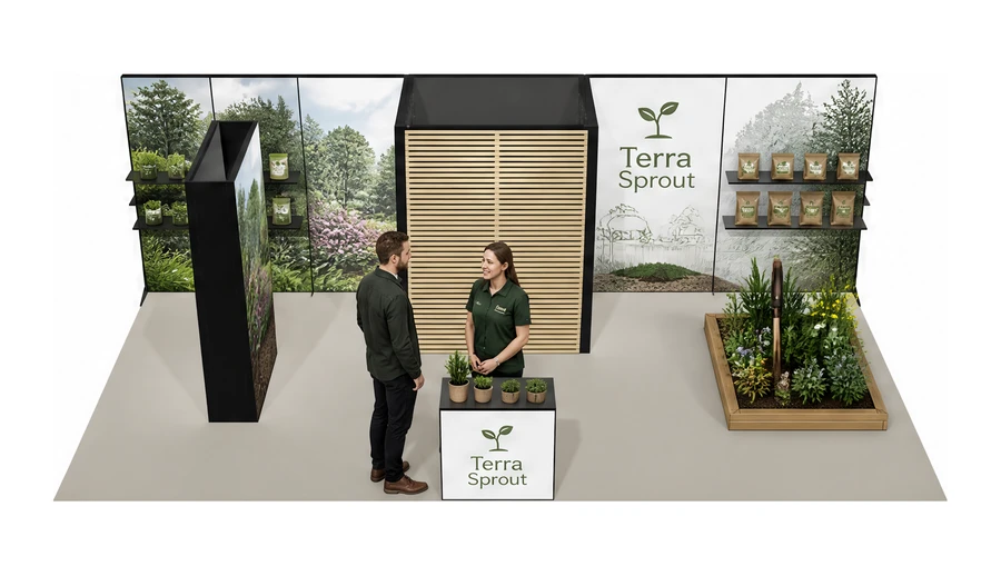 Stoisko 8 × 4 m półwyspowe dla branży ogród i architektura krajobrazu, przykładowa marka Terra Sprout