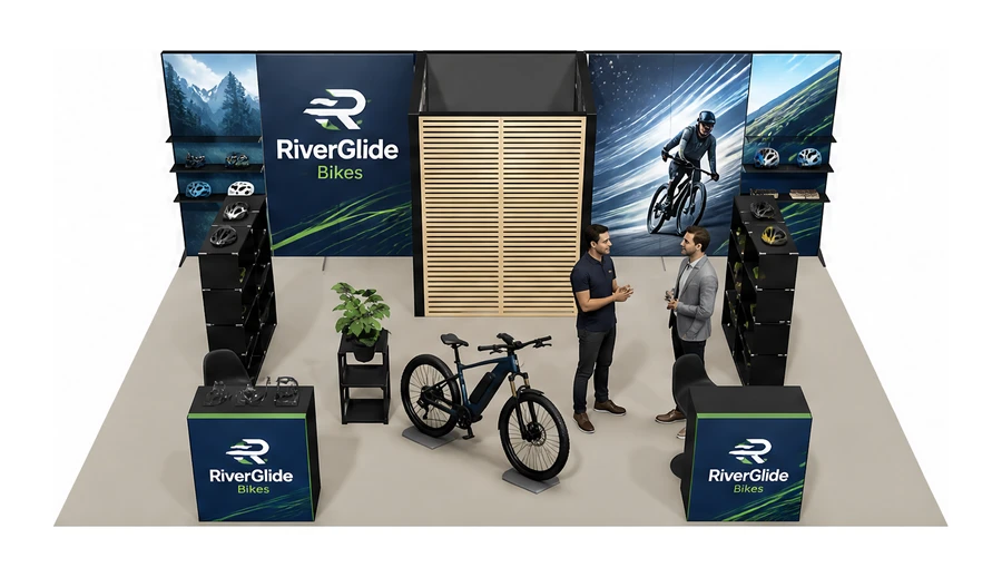 Stoisko 8 × 5 m półwyspowe dla branży rowery elektryczne, przykładowa marka RiverGlide Bikes