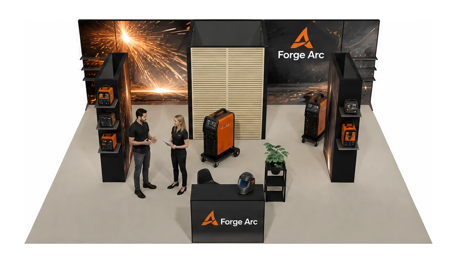 Stoisko 8 × 6 m półwyspowe dla branży spawalnictwo, przykładowa marka Forge Arc