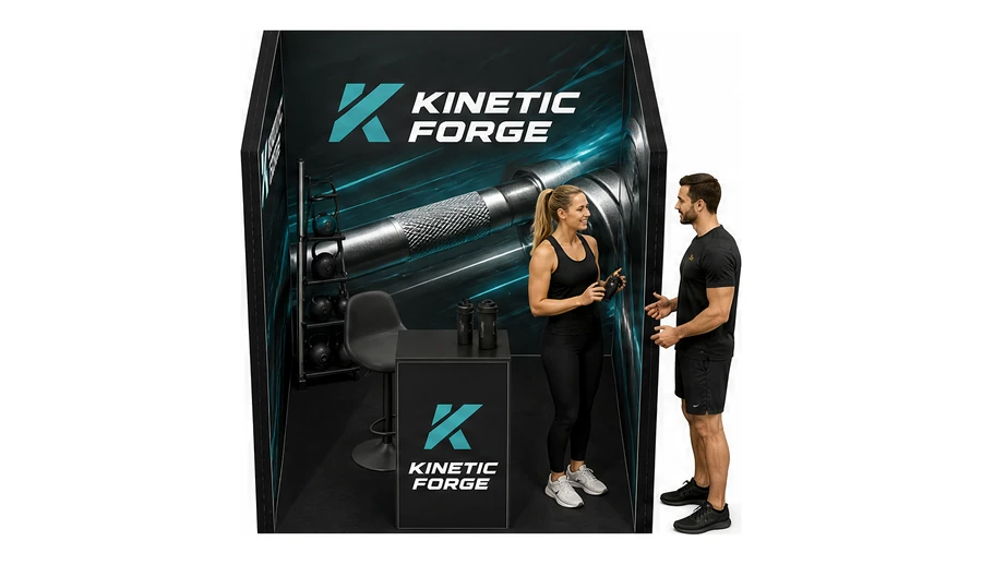 Stoisko 2 × 2 m szeregowe dla branży fitness i siłownie, przykładowa marka Kinetic Forge