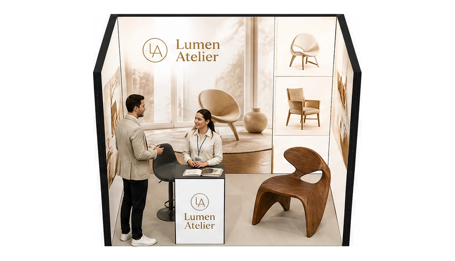 Stoisko 3 × 2 m szeregowe dla branży meble designerskie, przykładowa marka Lumen Atelier