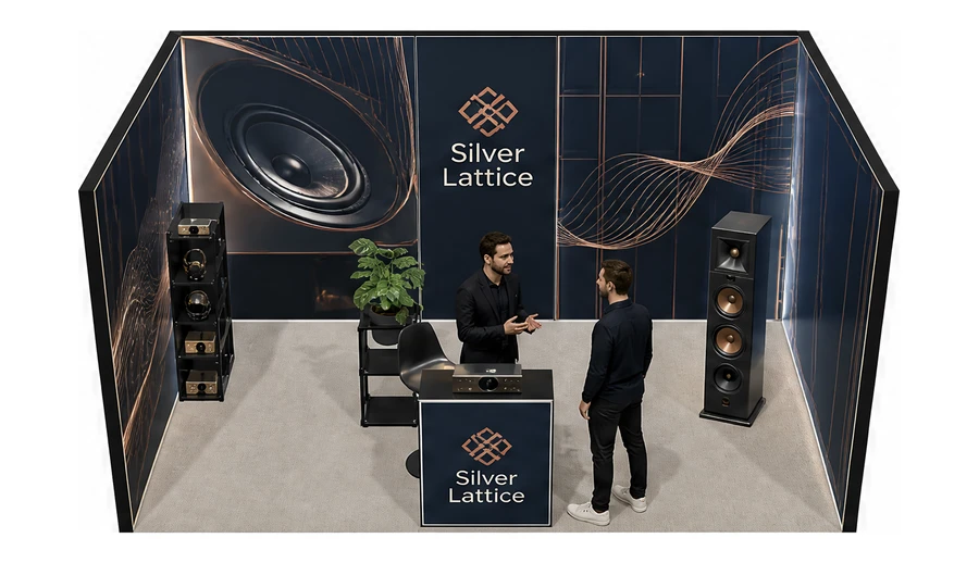 Stoisko 5 × 3 m szeregowe dla branży sprzęt audio-video, przykładowa marka Silver Lattice