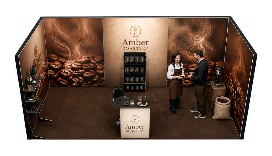 Stoisko 6 × 3 m szeregowe dla branży palarnia kawy, przykładowa marka Amber Roastery