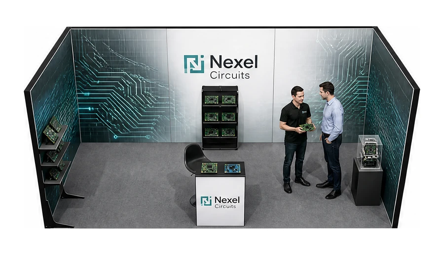 Stoisko 6 × 3 m szeregowe dla branży komponenty elektroniczne, przykładowa marka Nexel Circuits