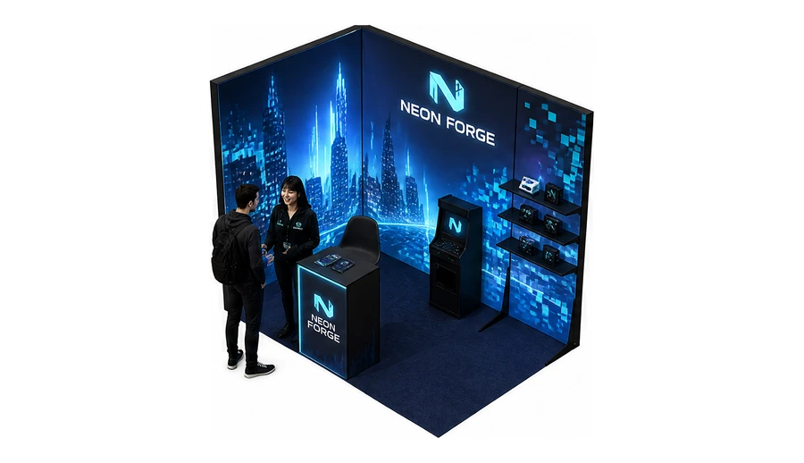 Stoisko 3 × 2 m narożne lewe dla branży gry wideo, przykładowa marka Neon Forge