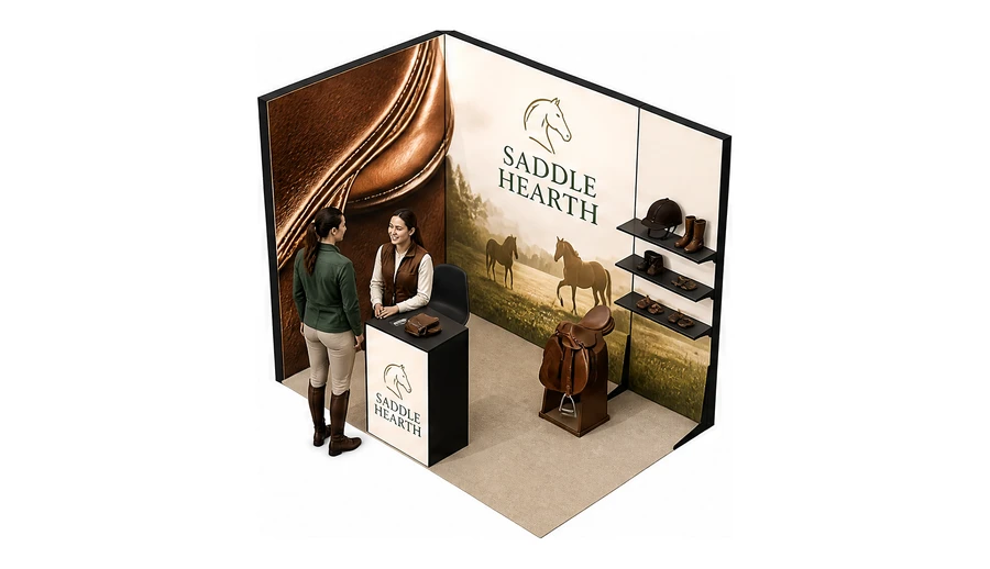 Stoisko 3 × 2 m narożne lewe dla branży jeździectwo, przykładowa marka Saddle Hearth