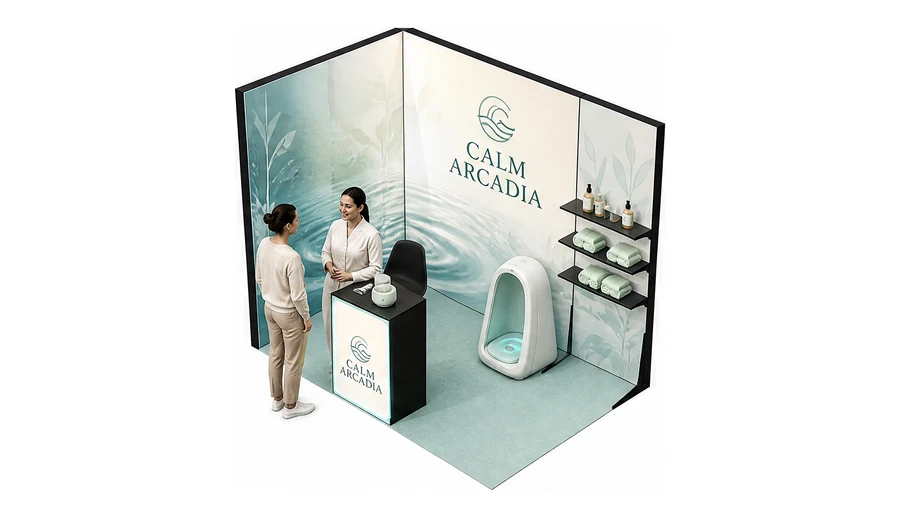 Stoisko 3 × 2 m narożne lewe dla branży spa i wellness, przykładowa marka Calm Arcadia