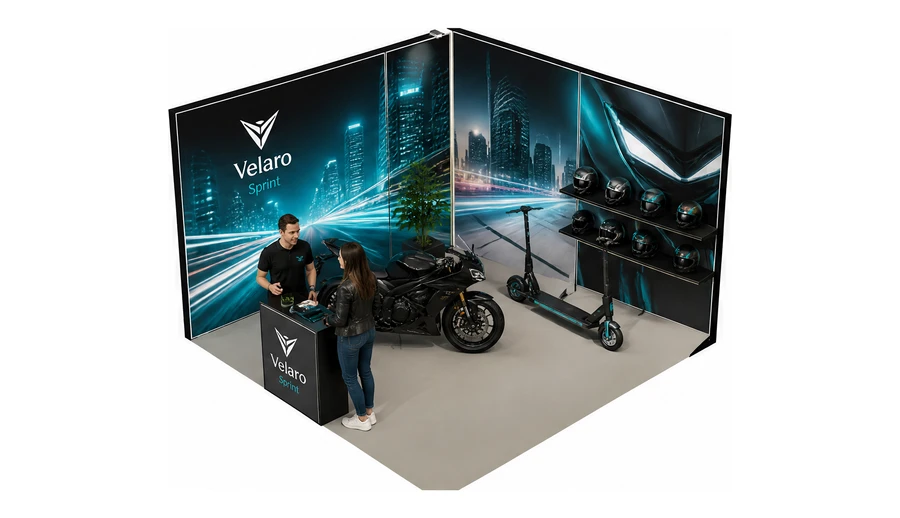 Stoisko 4 × 3 m narożne lewe dla branży motocykle i skutery, przykładowa marka Velaro Sprint