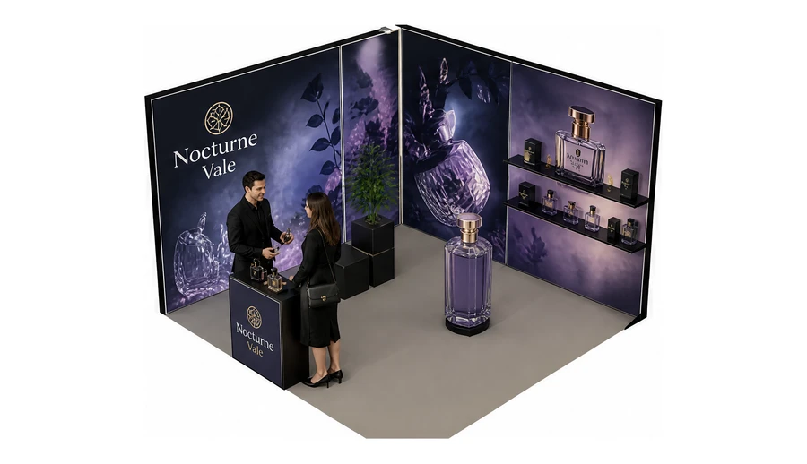 Stoisko 4 × 3 m narożne lewe dla branży perfumy, przykładowa marka Nocturne Vale