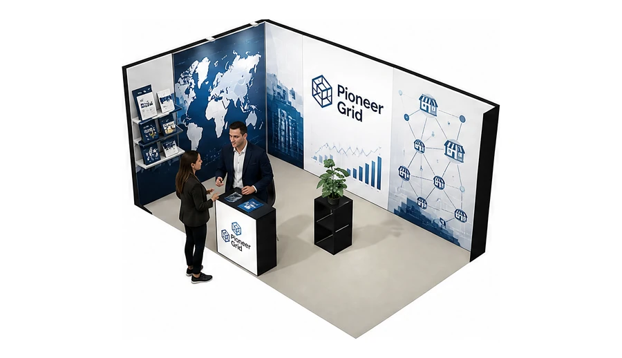 Stoisko 5 × 3 m narożne lewe dla branży franczyza i sieci, przykładowa marka Pioneer Grid
