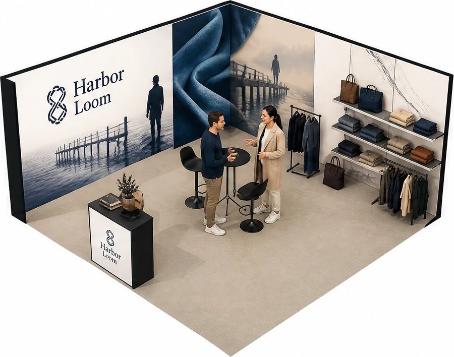 Stoisko 5 × 5 m narożne lewe dla branży odzież i moda, przykładowa marka Harbor Loom