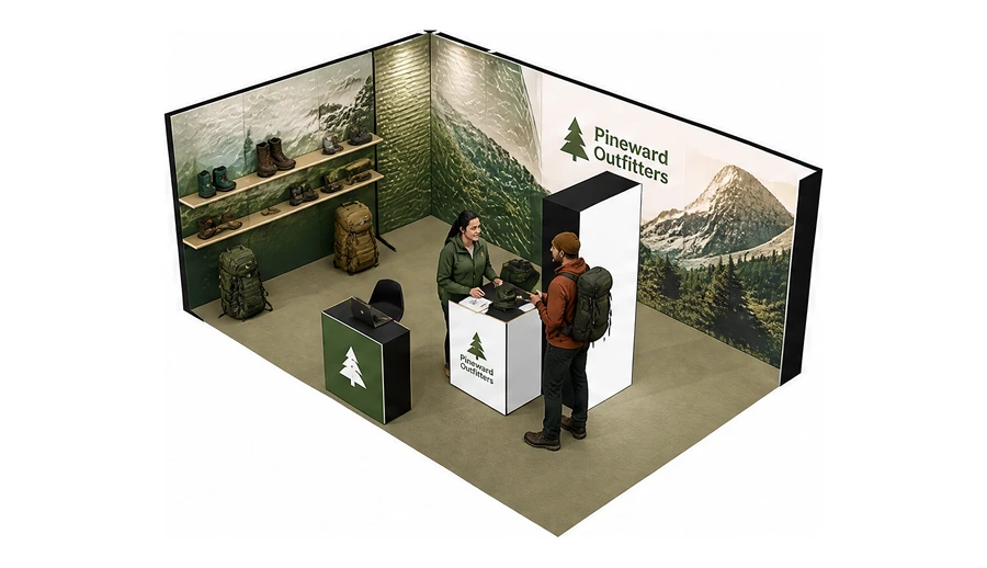 Stoisko 6 × 4 m narożne lewe dla branży odzież i sprzęt outdoorowy, przykładowa marka Pineward Outfitters
