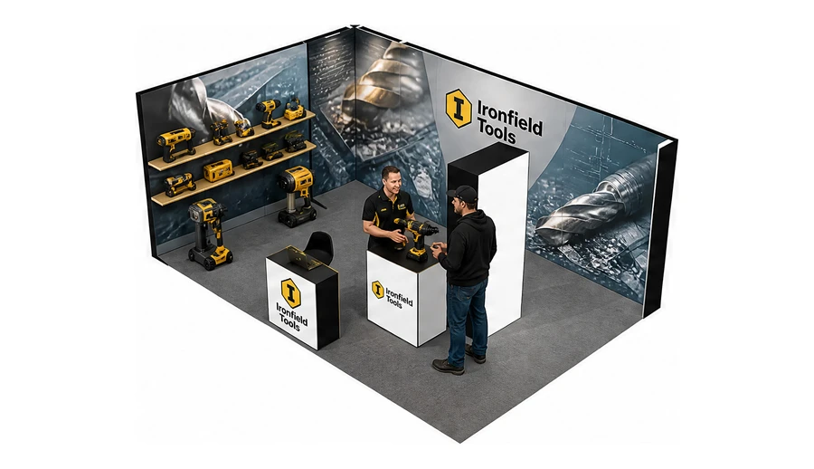 Stoisko 6 × 4 m narożne lewe dla branży elektronarzędzia, przykładowa marka Ironfield Tools