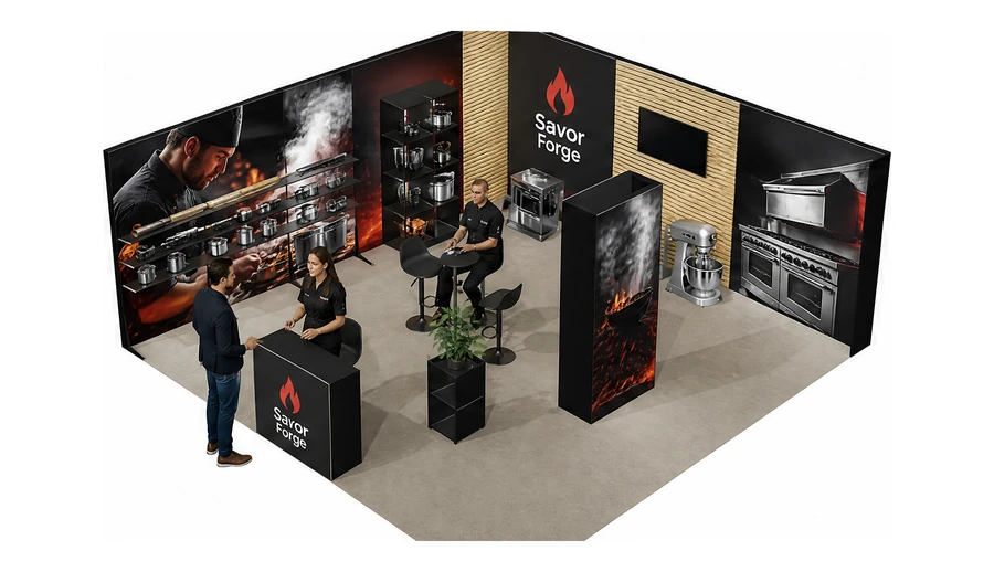 Stoisko 6 × 6 m narożne lewe dla branży wyposażenie gastronomii, przykładowa marka Savor Forge