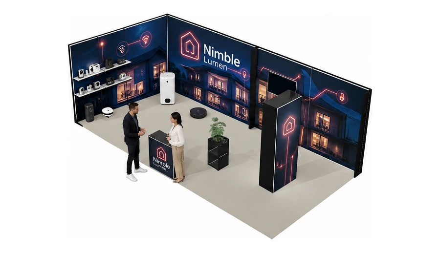 Stoisko 8 × 4 m narożne lewe dla branży smart home i IoT, przykładowa marka Nimble Lumen
