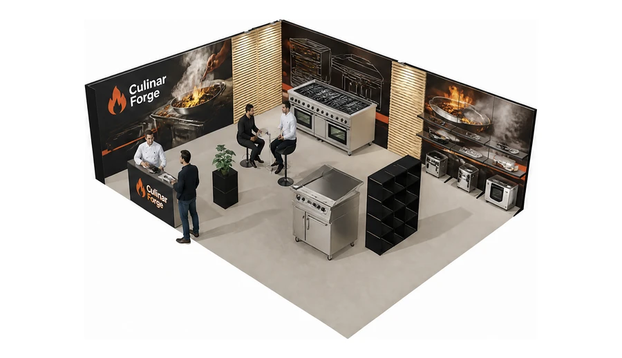 Stoisko 8 × 6 m narożne lewe dla branży wyposażenie gastronomii, przykładowa marka Culinar Forge