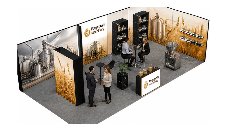 Stoisko 10 × 5 m narożne prawe dla branży technologie spożywcze, przykładowa marka Forgegrain Machinery