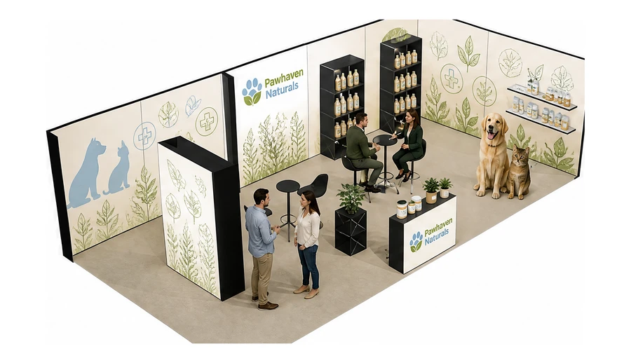 Stoisko 10 × 5 m narożne prawe dla branży weterynaria, przykładowa marka Pawhaven Naturals