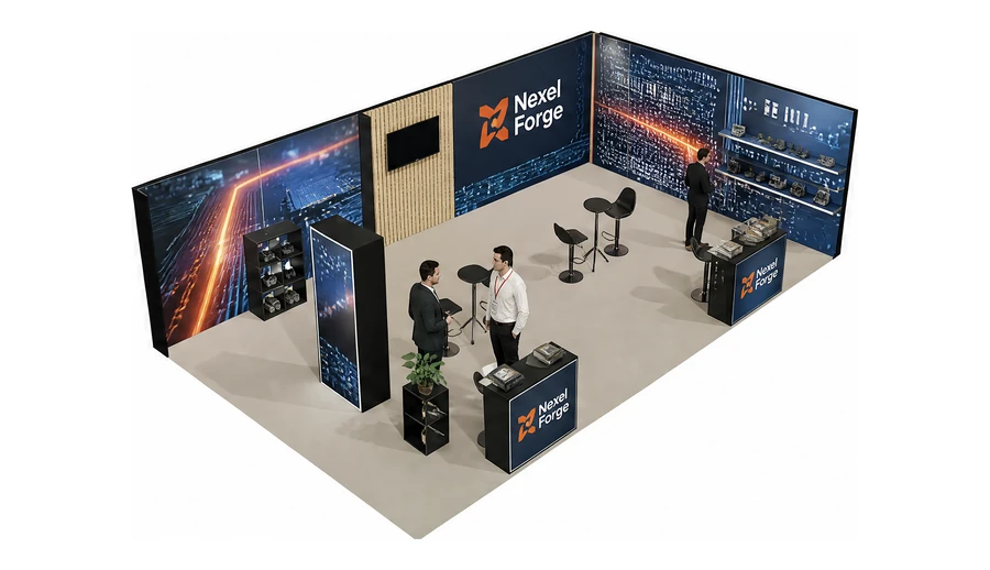 Stoisko 10 × 6 m narożne prawe dla branży komponenty elektroniczne, przykładowa marka Nexel Forge