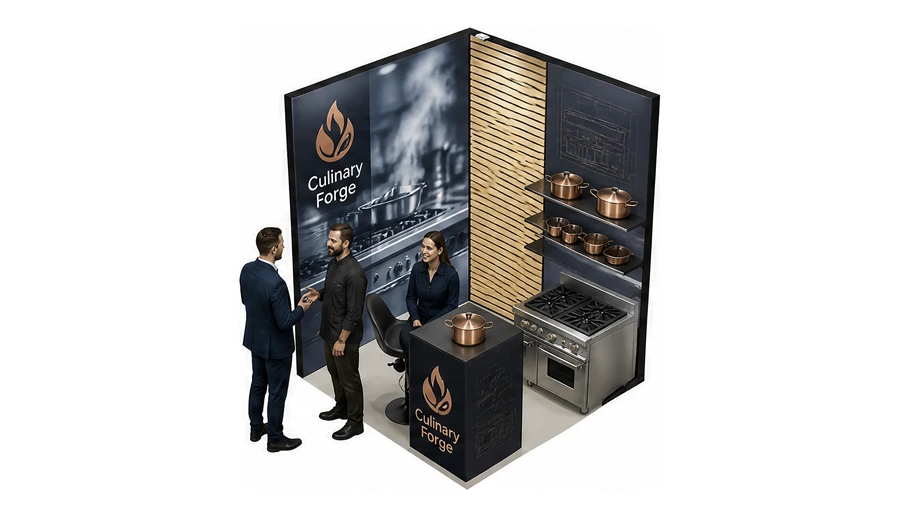 Stoisko 2 × 2 m narożne prawe dla branży wyposażenie gastronomii, przykładowa marka Culinary Forge