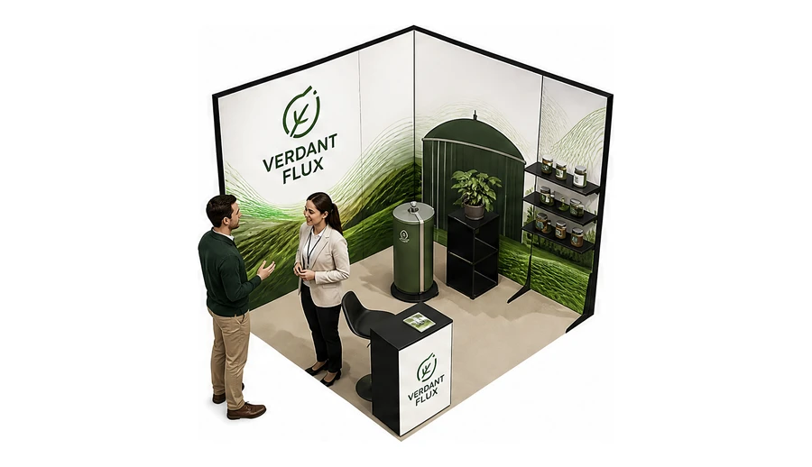 Stoisko 3 × 3 m narożne prawe dla branży biogaz i OZE, przykładowa marka Verdant Flux