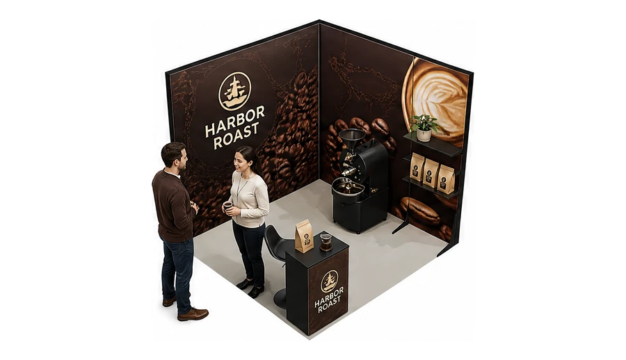 Stoisko 3 × 3 m narożne prawe dla branży palarnia kawy, przykładowa marka Harbor Roast