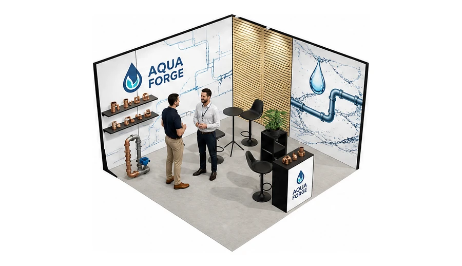 Stoisko 4 × 4 m narożne prawe dla branży instalacje wodno-kanalizacyjne, przykładowa marka Aqua Forge