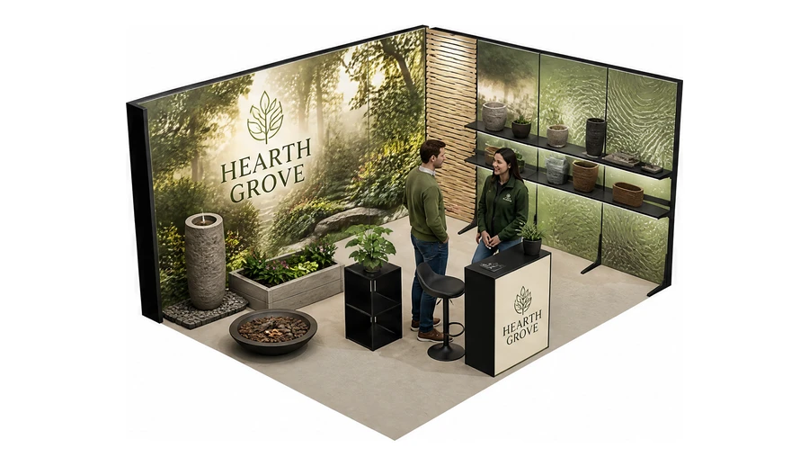 Stoisko 5 × 4 m narożne prawe dla branży ogród i architektura krajobrazu, przykładowa marka Hearth Grove