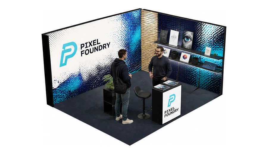 Stoisko 5 × 4 m narożne prawe dla branży reklama i druk, przykładowa marka Pixel Foundry