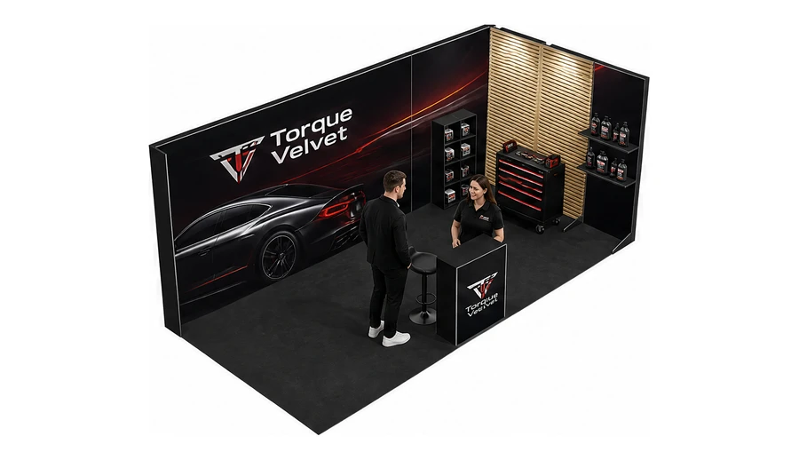 Stoisko 6 × 3 m narożne prawe dla branży tuning i detailing, przykładowa marka Torque Velvet