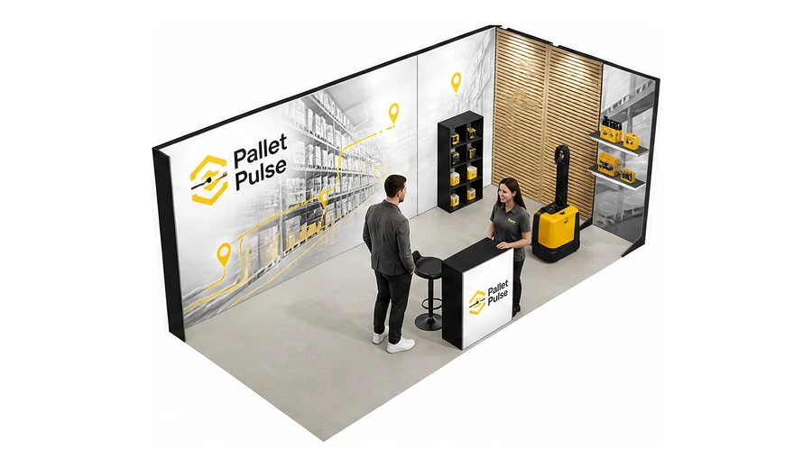 Stoisko 6 × 3 m narożne prawe dla branży intralogistyka i magazyn, przykładowa marka Pallet Pulse