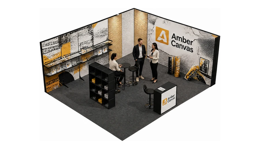 Stoisko 6 × 5 m narożne prawe dla branży reklama i druk, przykładowa marka Amber Canvas