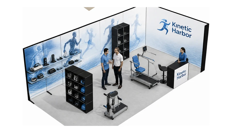 Stoisko 8 × 4 m narożne prawe dla branży rehabilitacja i fizjoterapia, przykładowa marka Kinetic Harbor