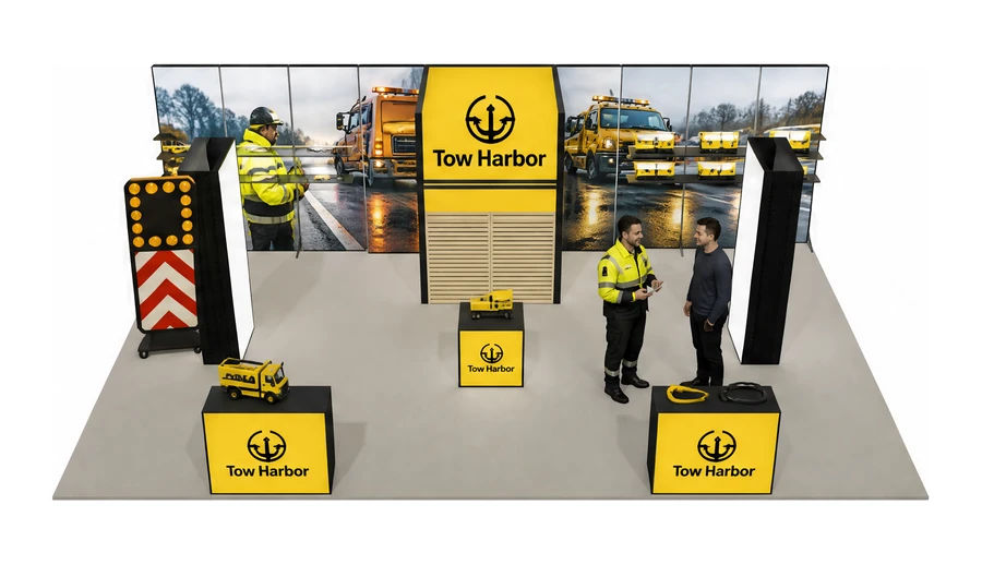 Stoisko 10 × 6 m półwyspowe dla branży pomoc drogowa i lawety, przykładowa marka Tow Harbor