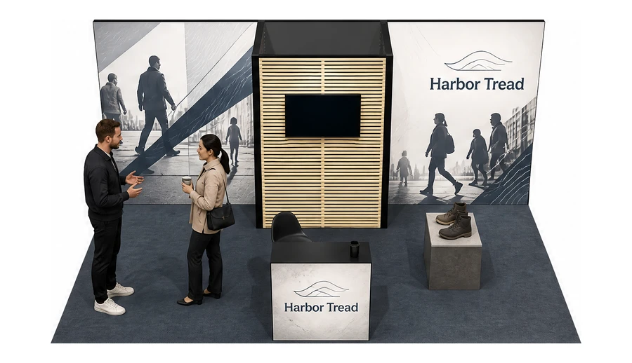 Stoisko 6 × 4 m półwyspowe dla branży obuwie, przykładowa marka Harbor Tread