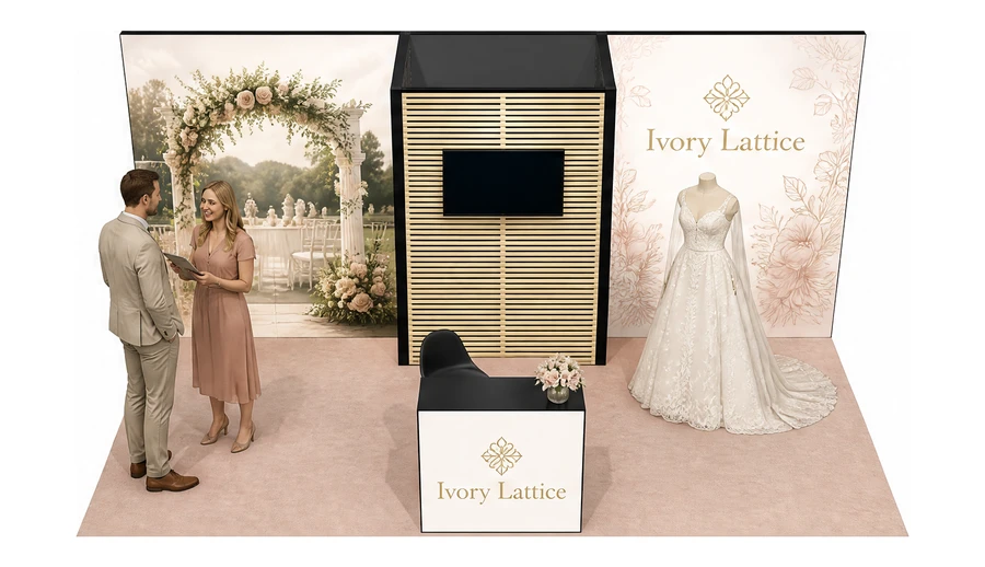 Stoisko 6 × 4 m półwyspowe dla branży branża ślubna, przykładowa marka Ivory Lattice