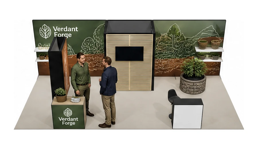 Stoisko 8 × 4 m półwyspowe dla branży ogród i architektura krajobrazu, przykładowa marka Verdant Forge