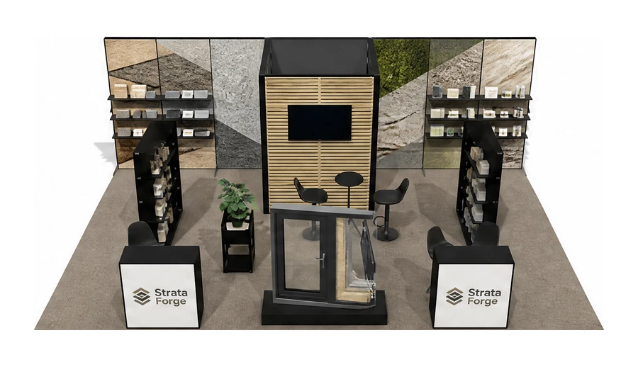 Stoisko 8 × 5 m półwyspowe dla branży materiały budowlane, przykładowa marka Strata Forge