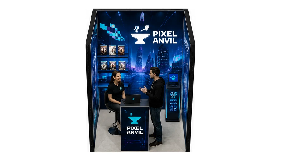Stoisko 2 × 2 m szeregowe dla branży gry wideo, przykładowa marka Pixel Anvil