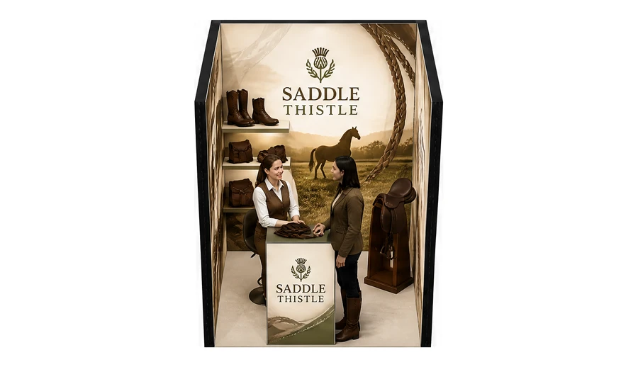 Stoisko 2 × 2 m szeregowe dla branży jeździectwo, przykładowa marka Saddle Thistle