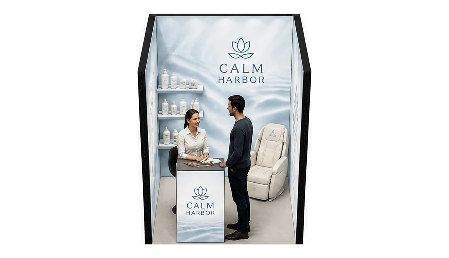 Stoisko 2 × 2 m szeregowe dla branży spa i wellness, przykładowa marka Calm Harbor