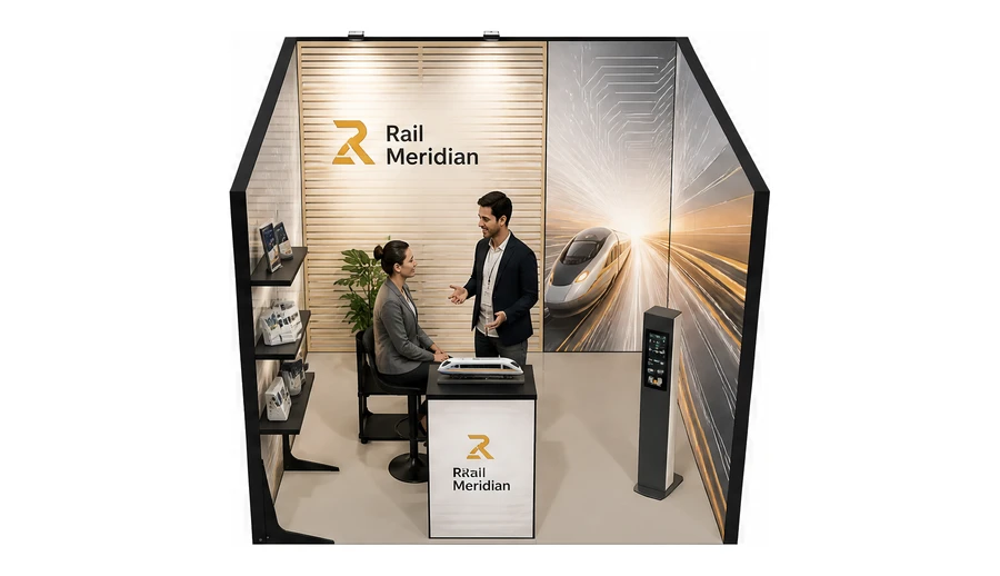 Stoisko 3 × 3 m szeregowe dla branży kolej i tabor, przykładowa marka Rail Meridian