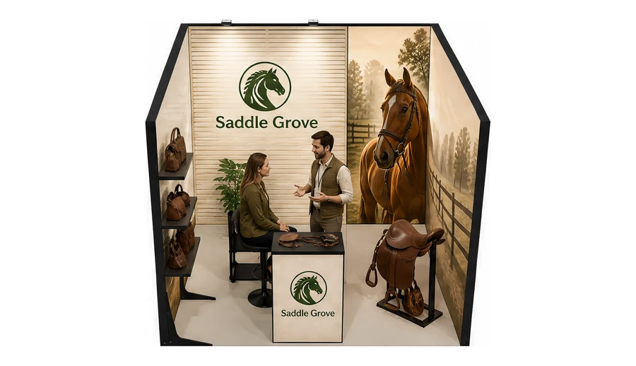 Stoisko 3 × 3 m szeregowe dla branży jeździectwo, przykładowa marka Saddle Grove