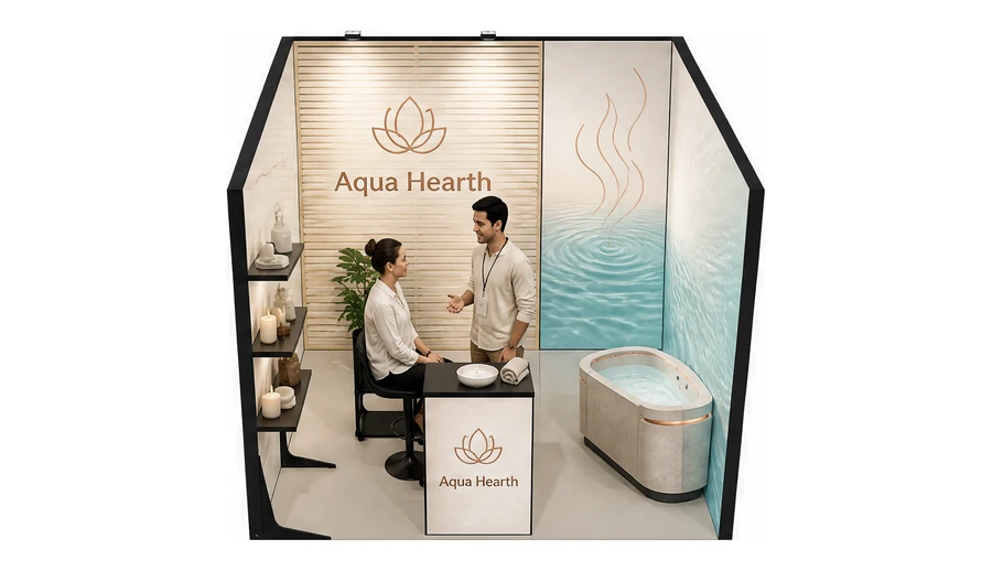Stoisko 3 × 3 m szeregowe dla branży spa i wellness, przykładowa marka Aqua Hearth